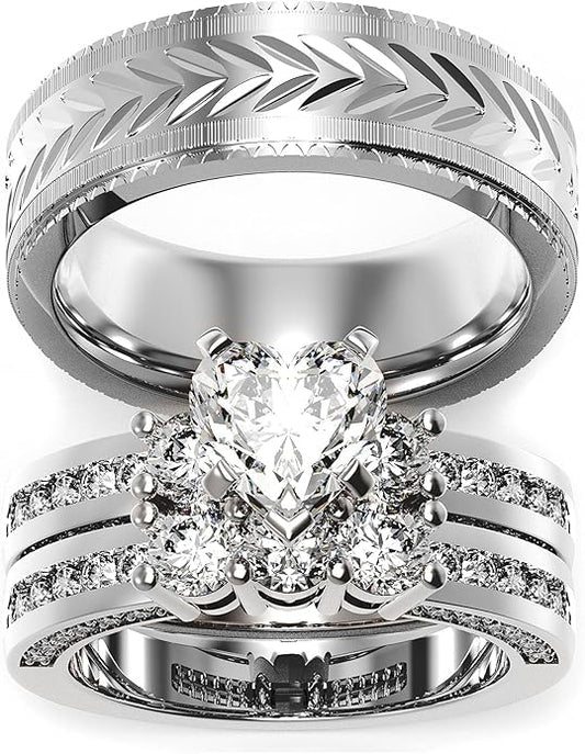 TWO RINGS Wedding Ring Sets His And Hers Promise Ring Couples Bridal Sets Women 925 Sterling Silver square Cz Man Stainless Steel Brushed Finished Wedding Bands