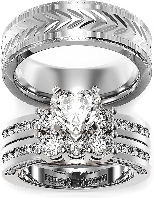 TWO RINGS Wedding Ring Sets His And Hers Promise Ring Couples Bridal Sets Women 925 Sterling Silver square Cz Man Stainless Steel Brushed Finished Wedding Bands