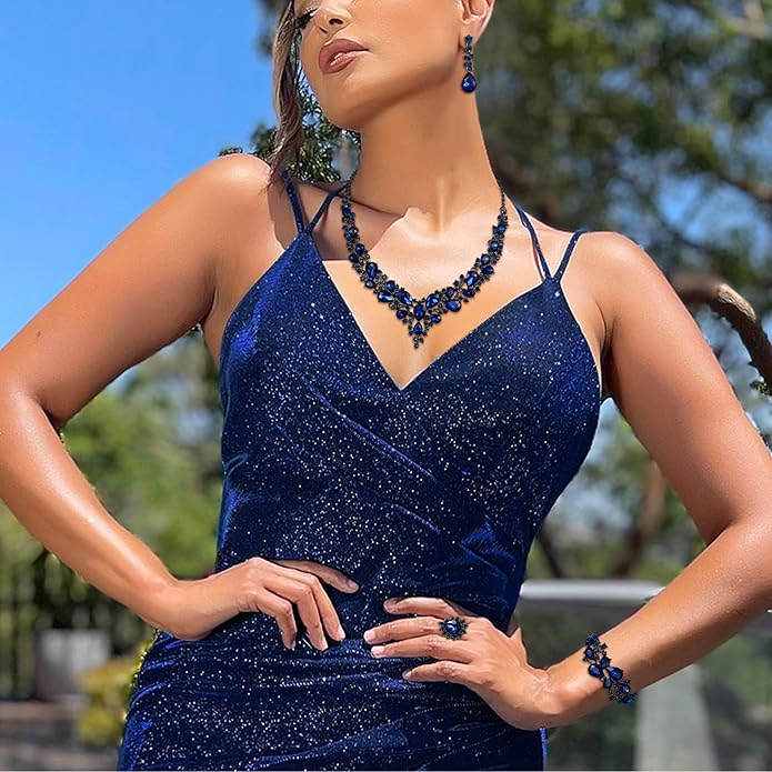 BriLove Wedding Bridal Jewelery for Women Austrian Crystal Teardrop Cluster Statement Necklace Dangle Earrings Link Bracelet Set