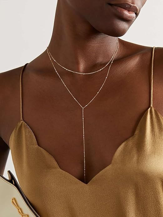Foxgirl Lariat Gold Necklace for Women, Dainty Long Necklace 14k Gold Plated/Silver Y-Shaped Pendant Necklace Trendy Layered Cz Beaded Chain Drop Necklaces Simple Gold Jewelry For Women Gift