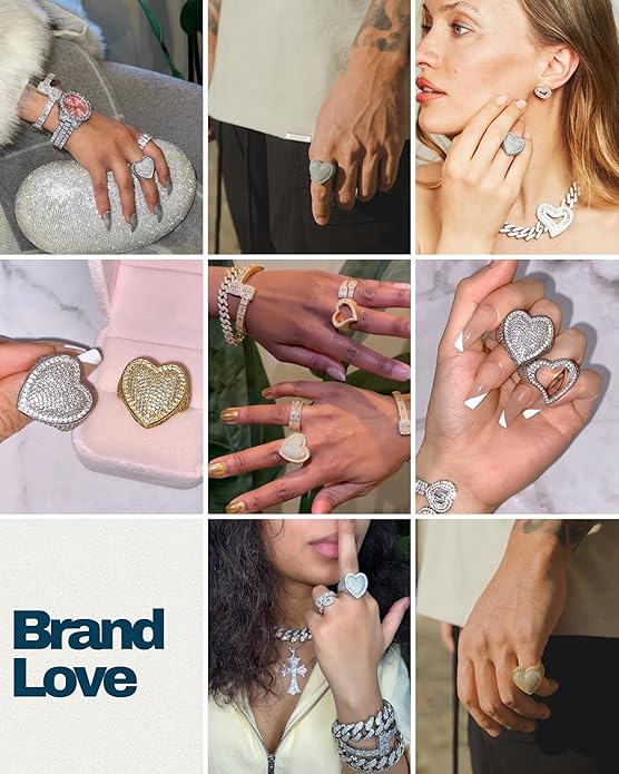 Iced Out Jewelry 5A Cz Stones Shiny Baguette Heart Engagement Gold Luxury Diamond Ring, Hip Hop Bling Bling 18K Gold Plated Party Pinky Ring Men Women