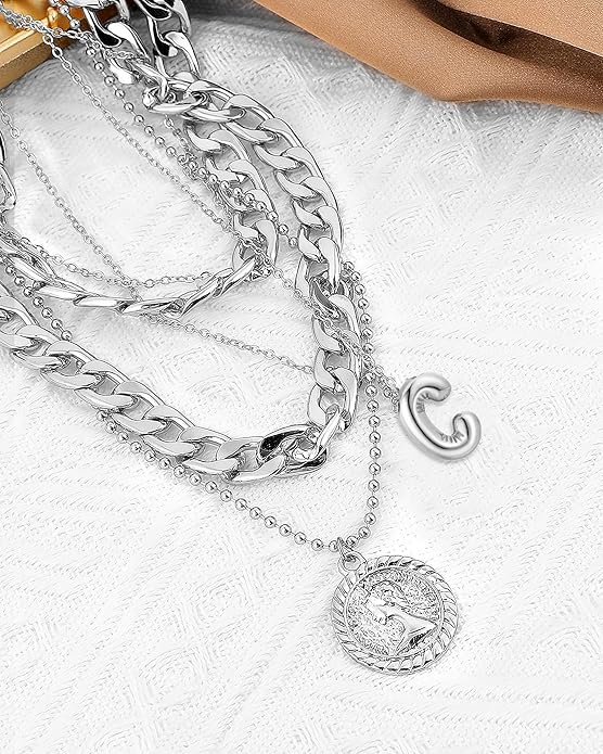 MJartoria Layered Necklaces for Women Trendy Balloon Initial Coin Pendant Necklace Dainty Chunky Chain Choker Necklaces Jewelry Birthday Gifts