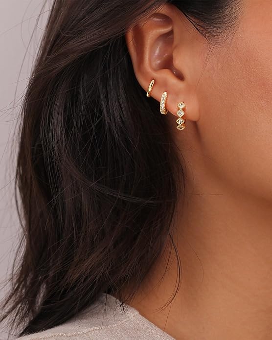 Gold Hoop Earrings Set for Women Trendy, 14K Gold Plated Chunky Hypoallergenic Small Diamond Cartilage Hoops Cute Cubic Zirconia Dangle Stud Earrings Jewelry Gifts