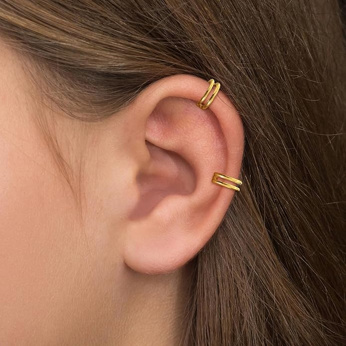 2 PCS Small Cartilage Double-Hoop Helix Conch Piercing Earrings With Cubic Zirconia For Women Trendy 14K Gold Plated Titanium Surgical Stainless Steel Sets Jewelry