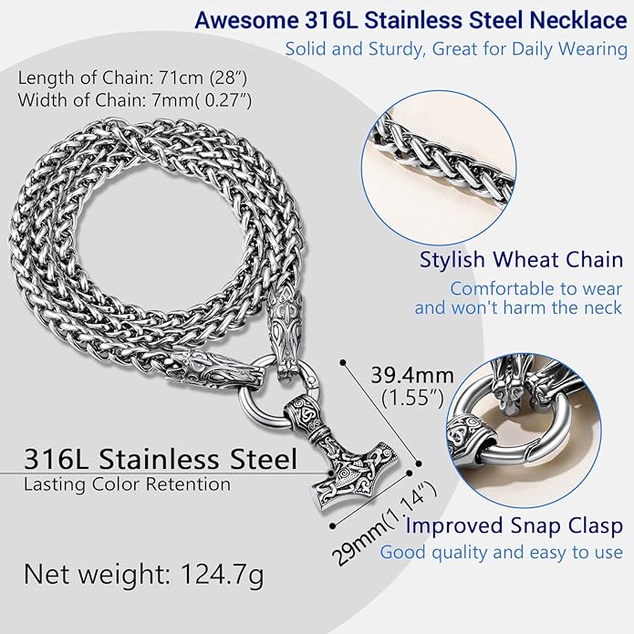PROSTEEL Norse Viking Jewelry for Men Women, Vintage Thor Hammer/Thor Axe/Raven/Odin Necklace, 316L Stainless Steel Pendant Chain, Come with Box