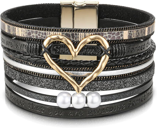 Desimtion Boho Layered Leather Wrap Inspirational Bracelets for Women, Sometimes You Forget Your Awesome Gifts for Women, Teen Girl Gifts Trendy Stuff, Christmas Jewelry for Women Girls