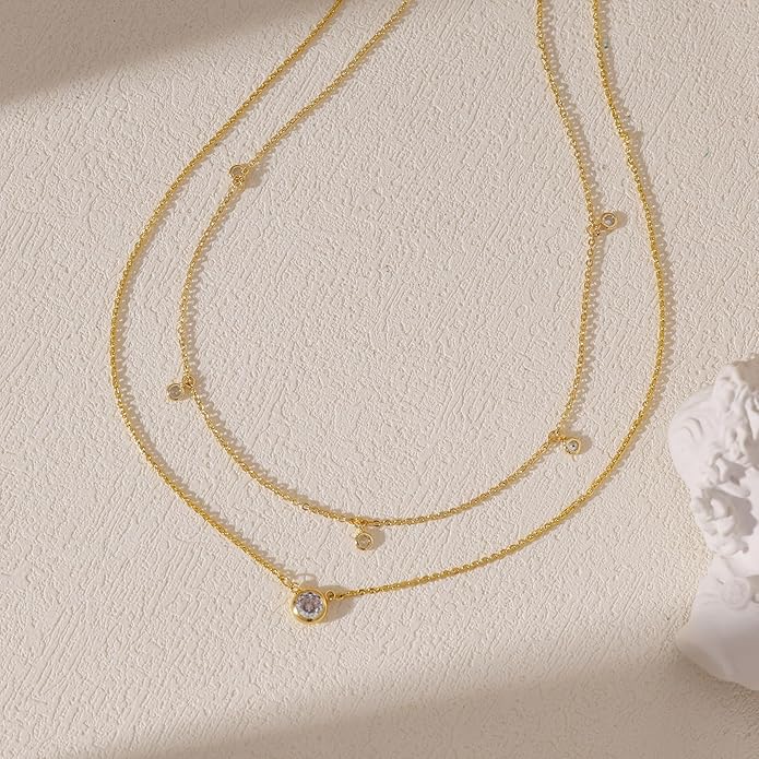 Layered Necklaces for Women,Dainty 14k Gold Plated Choker Necklace Stack Trendy Simple Diamond Pendant Necklace Set for Women Non Tarnish Cute Layering Cubic Zirconia Necklace Fashion Waterproof Jewelry for Women