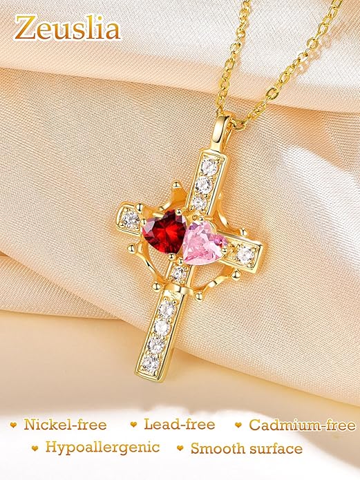 Zeuslia Double Birthstone Necklace Gifts for Wife - 925 Sterling Silver Sunflower/Rose/Crown Cross/Compass/Heart Pendant I Love You Necklace, Anniversary Birthday Gifts for Wife Girlfriend Mom Her