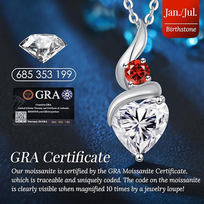 Moissanite Heart Pendant Necklaces for Women, 925 Sterling Silver Necklace with Birthstone, Ideal Anniversary Present or Birthday Christmas Valentine Mothers Day Jewelry Gifts for Mom Wife Her Girlfriend