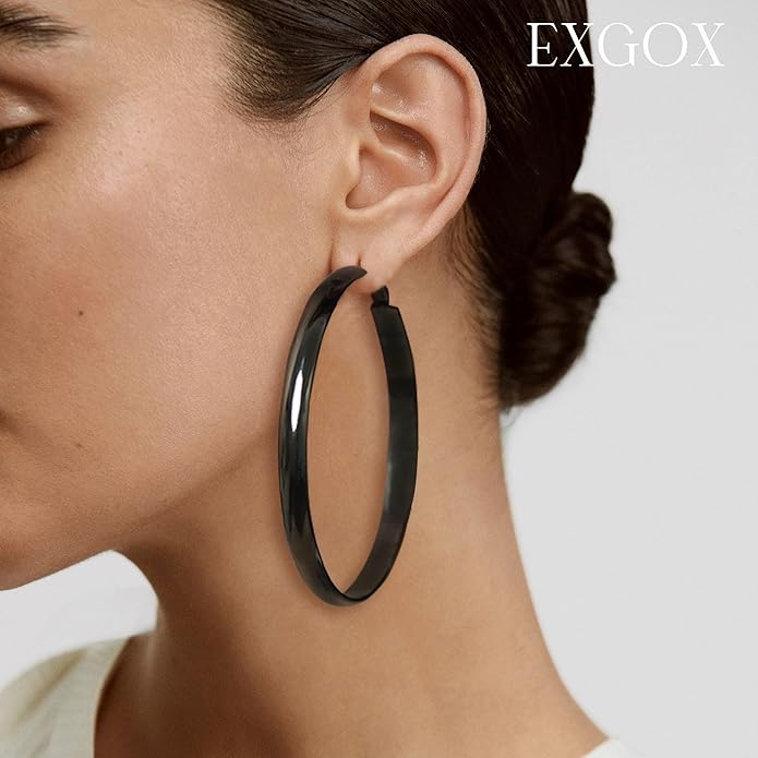 EXGOX 5mm Wide Gold Hoop Earrings for Women,Sterling Silver Hoop Earrings Large Silver Hoop Earrings Hypoallergenic Lightweight 14K Real Gold Plated Big Hoop Earrings for Women 30/40/50/60/70mm