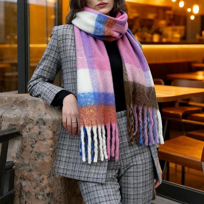 SHOHOKU Large Chunky Plaid Scarf Coloured Checked Oversized Scarf Tassel Soft Fall Winter Thick Warm Shawl Women