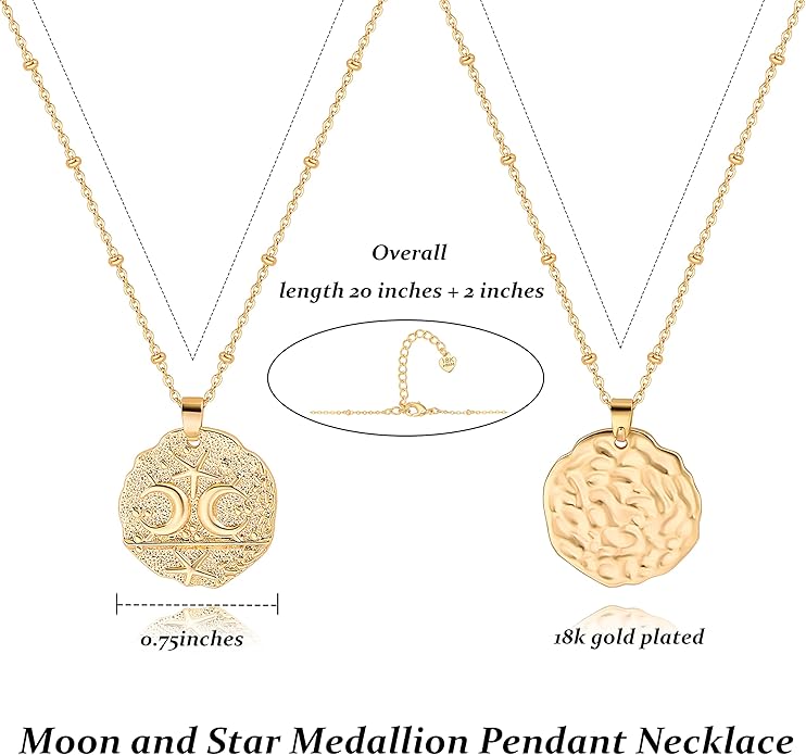 CANEVINKA 18K Gold Plate Coin Pendant Necklace for Women Dainty Compass Sunflower Necklaces Personalized Chain Layered Jewelry
