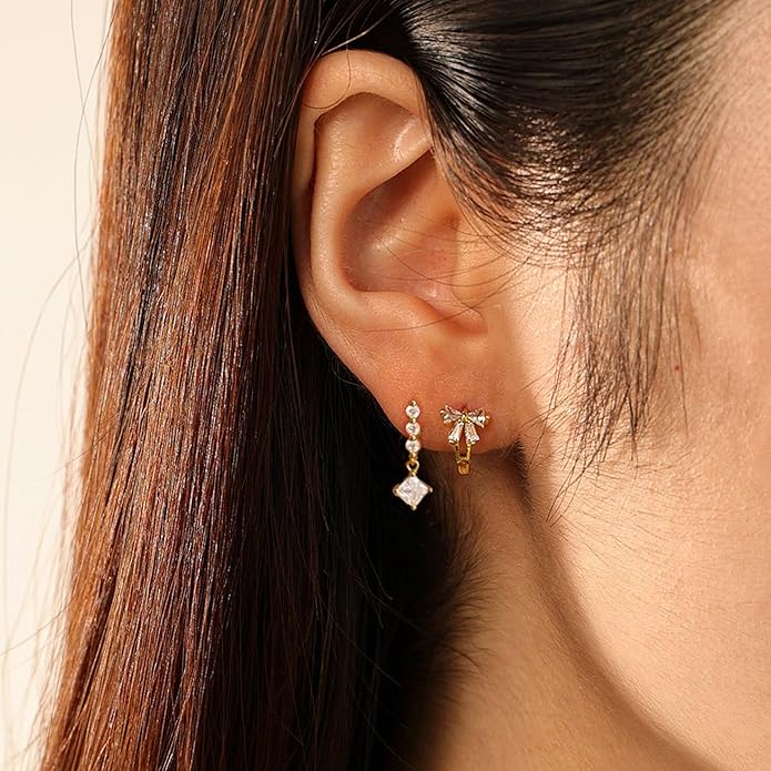Gold Plated Earrings for Women, 14k Gold Plated Earring Stack Hypoallergenic Pearl Drop Earring Dainty Earrings for Women Trendy Cute Small Huggie Hoop Earring Fashion Womens Jewelry