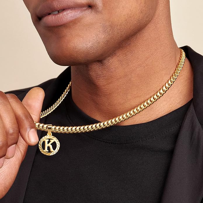 KissYan Gold Initial Necklace,14K Gold Plated Round Letter Pendant Hollow Capital Monogram 5mm Cuban Chain Necklace Alhpabets from A-Z Dainty Jewelry for Women Men