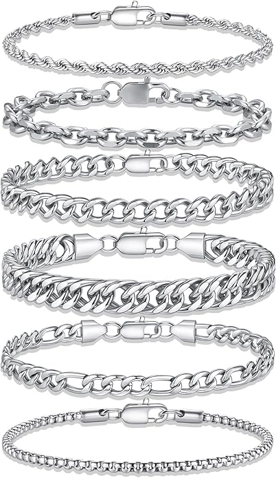 Yoosteel Mens Bracelets - Silver Chain Bracelet Stainless Steel Cuban Link Stack Bracelets Sturdy Rope Paperclip Chains Set 7.5/8.3/9 inches Trendy Jewelry for Men