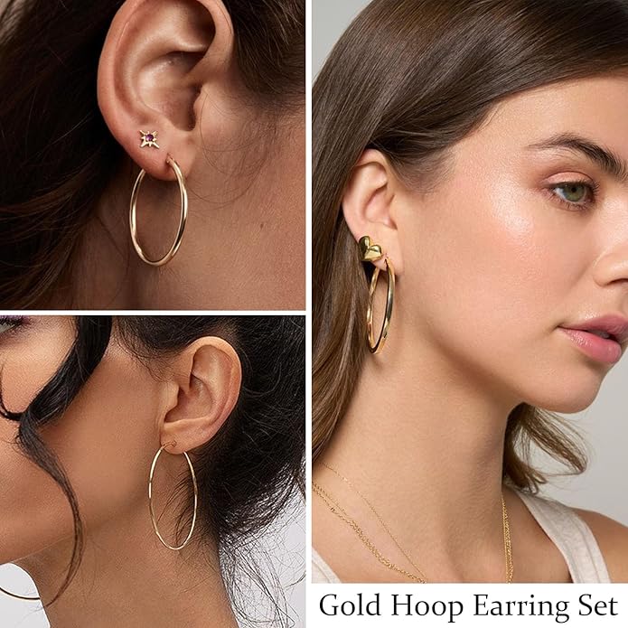 24 Pairs Chunky Gold Hoop Earrings Set for Women, Hypoallergenic Fashion Statement Hoops Earrings Pack Assorted Small Big Twisted Hoop Jewelry for Gift