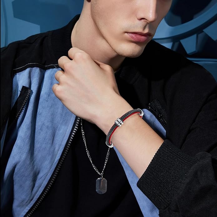 Leather Bracelet for Men with Adjustable Stainless Steel Magnetic Clasp Multi-Layer Braided Mens Leather Bracelet