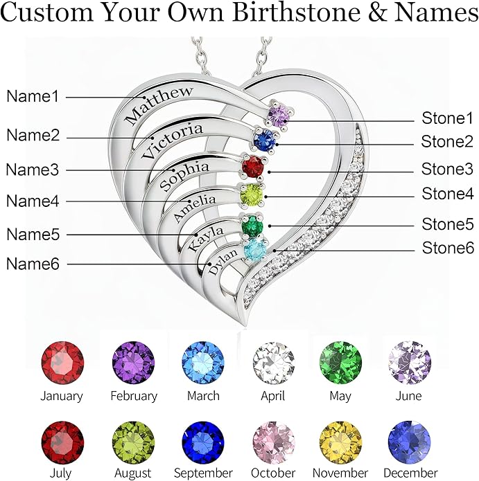 Easycosy Custom Name Necklace with Simulated Birthstones Customized Promise Necklace Heart Pendant with Engraved 2-6 Names - Anniversary Birthday Christmas Jewelry Gifts for Women Wife Mom Grandma