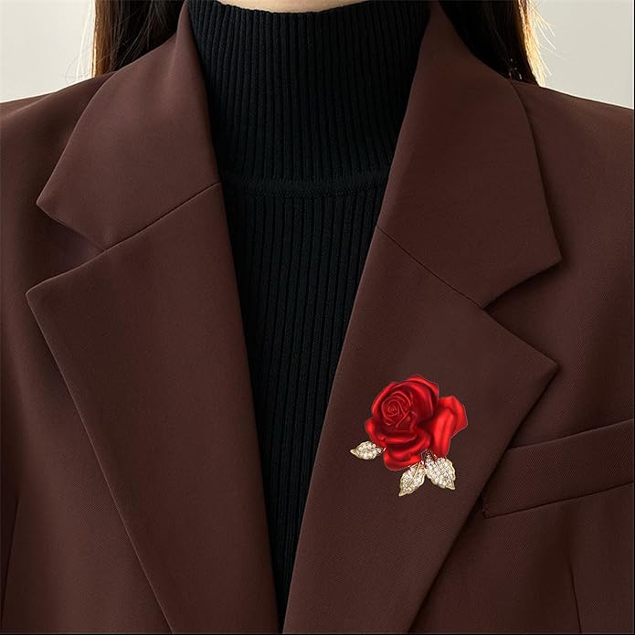Just Follow Red Rose Flower Brooch with Rhinestones Sparkling Floral Pin for Women Vintage Blazer Jacket Dress Hat Scarf Accessory