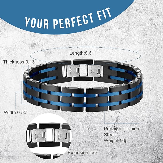 Holizaly Men's Stainless Steel Two Tone Square Link Bracelet, Black and Blue Ion Plated Black