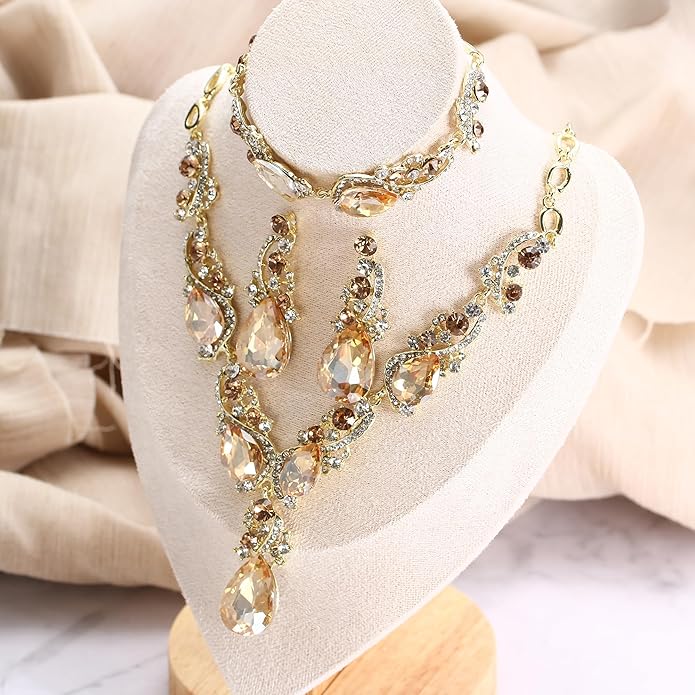 BriLove Wedding Bridal Jewelry for Women Multi Teardrop Cluster Crystal Statement Necklace Dangle Earrings Link Bracelet Set