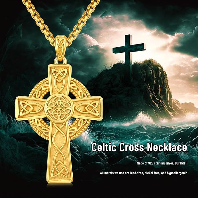 Midir&Etain Celtic Cross Necklace 925 Sterling Silver Cross Pendant Necklace Celtic Viking Irish Jewelry Religious Protective Gift for Men Women