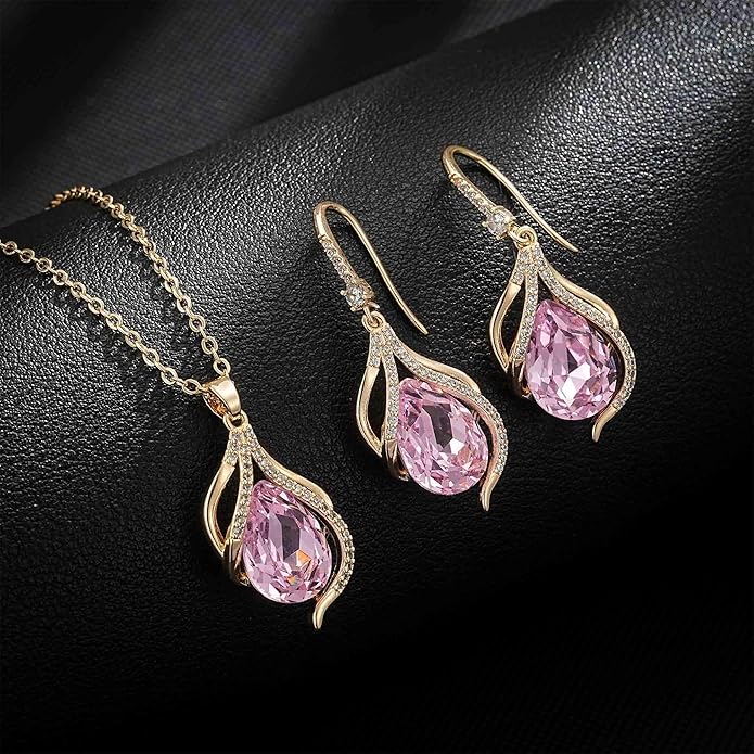 EVEVIC Austrian Crystals Teardrop Hollow Twisted Pendant Necklace Earrings for Women 14K Gold Plated Halo Drop Dangle Earrings Hypoallergenic Jewelry Set