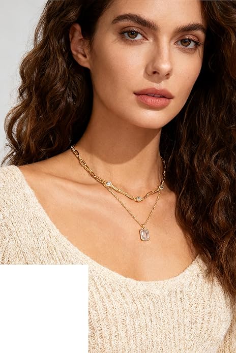 Gold Layered Pendant Necklaces for Women 14k Gold Plated Crystal Choker Necklace Paperclip Rhinestone Necklace Party Prom Jewelry