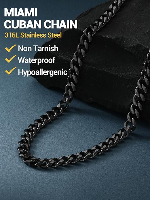 PROSTEEL Miami Cuban Link Chain for Men, 18K Gold/Black/Stainless Steel Necklace,6mm/9mm/12mm Width, Upgrade Clasp & Durable Chain for Mens Womens Jewelry,18"-30",with Gift Box