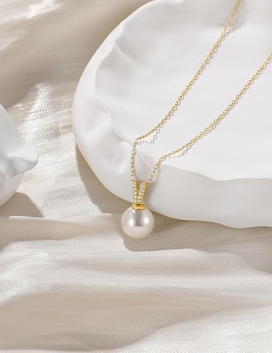 Mameloly Pearl Necklaces for Women Trendy 925 Sterling Silver Dainty V CZ Pendant 10MM/12MM Single Simulated White Pearl Choker Necklace for Women Wedding Cute Jewelry