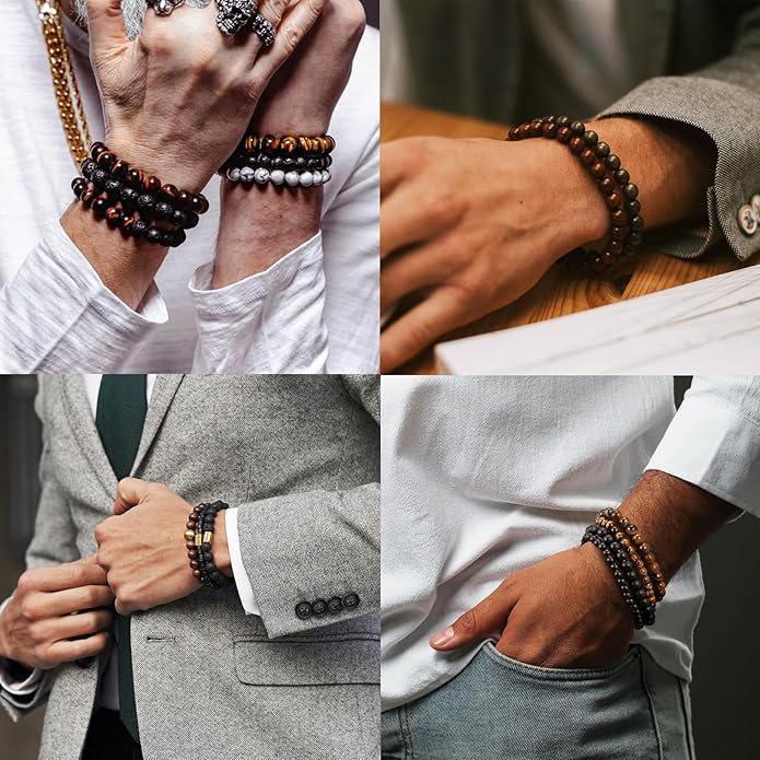 Mens Bracelet Set Black Leather Bracelets for Men Tiger Eye Bracelet 6mm 8mm Lava Rock Beaded Bracelets Adjustable Stretech