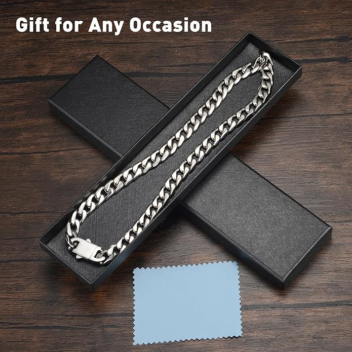 PAITAIN 11MM Cuban Link Chain for Men Silver Chains for Men, 316L Stainless Steel and 925 Sterling Silver Filled, Sliver Mens Chain, Available In 20/22/24/26/28/30 Inches, Black Silver Mens Necklaces