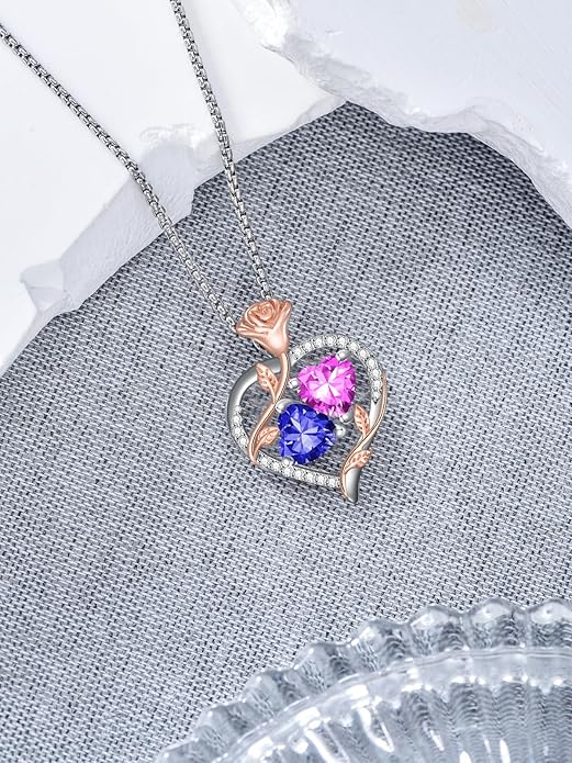 Christmas Gifts for Women Rose Heart Birthstone Pendant Necklace I Love You Forever Jewelry Valentine Mothers Day Birthday Gifts for Women Her Wife Girlfriend