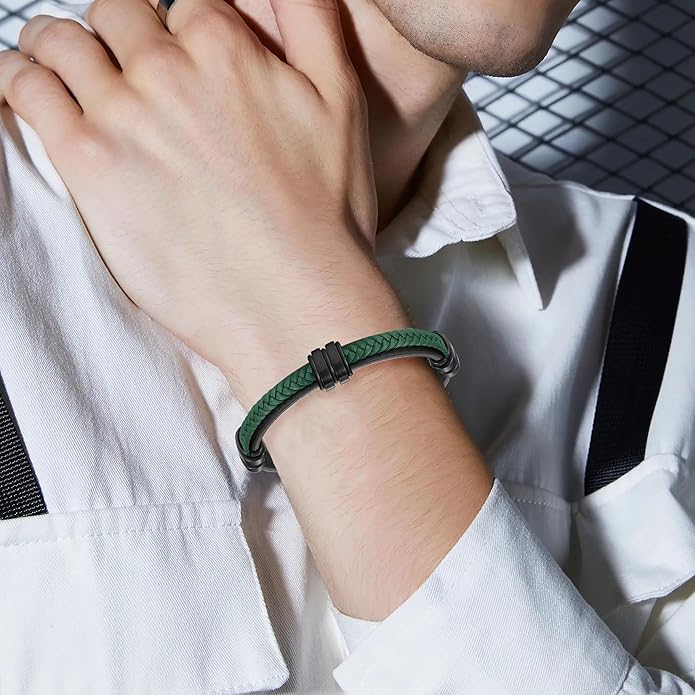 Leather Bracelet for Men with Adjustable Stainless Steel Magnetic Clasp Multi-Layer Braided Mens Leather Bracelet