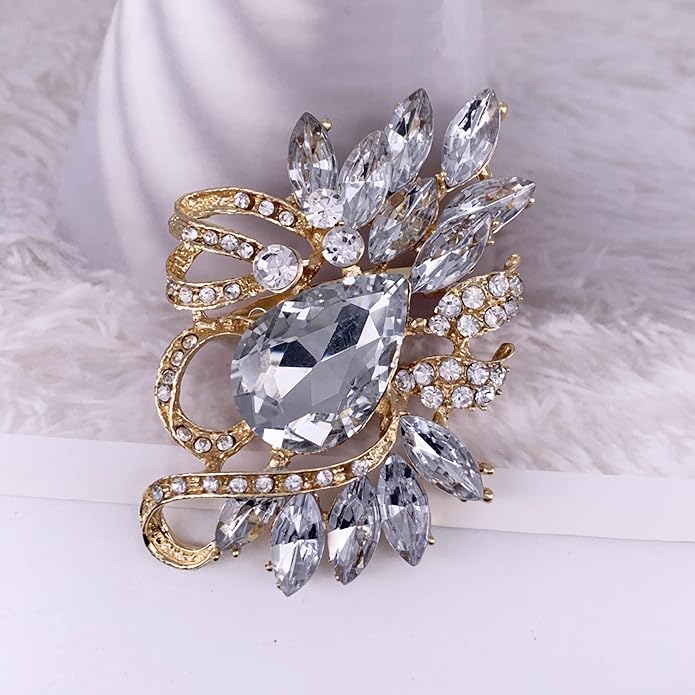 SELOVO Leaf Rhinestone Statement Brooch Pin Dress Jewelry Accessory