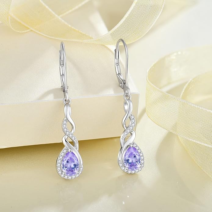 Infinity Dangle Drop Earrings for Women 925 Sterling Silver Teardrop Leverback Earrings Birthstone Jewelry Gifts for Women Wife Girlfriend Mother Daughter Her