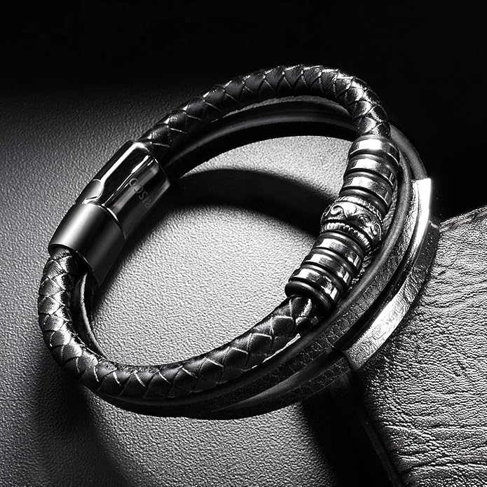 Mens Leather Bracelet Stainless Steel Leather Braided Bracelet Black Gift Men's Jewelry Cuff Bracelet Wrist Accessories