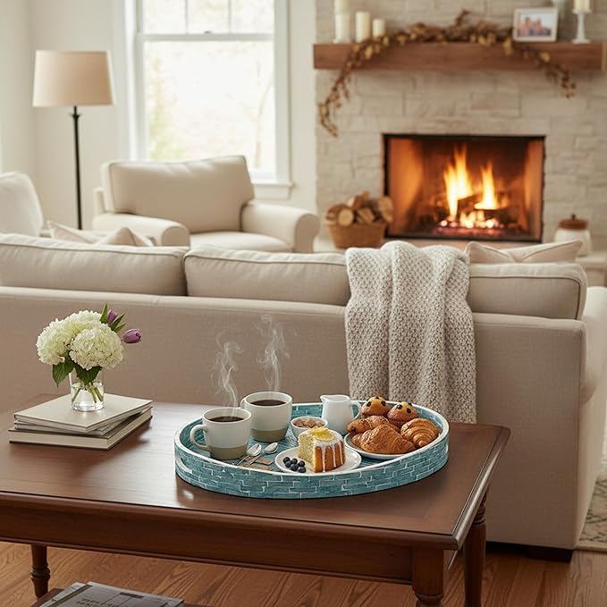 PEMAR 15.7" x 11.8" Oval Capiz Shell Serving Tray, Decorative Ottoman Tray for Living Room, Coffee Table, Breakfast in Bed, Candle Display (Teal Sunlight)