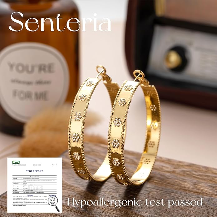 Senteria 8mm Wide 925 Sterling Silver Hoop Earrings for Women Hypoallergenic Chunky Silver Hoop Earrings with Flower Large Thick Hoops Earring Lightweight 14K Gold Plated Hoops for Women 25/30/40/50mm