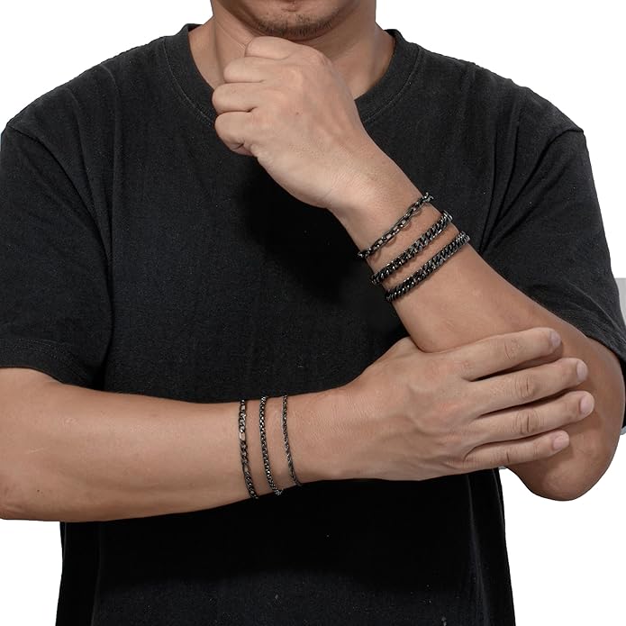 XIANNVXI 6pcs Stainless Steel Bracelets for Men Women Silver/Gold/Black Cuban Link Rope Paperclip Chain Bracelets Set 6.5/7/7.5/8.3/9 Inches Metal Bracelet Mens Fashion Accessories Jewelry Set