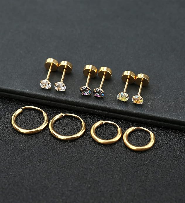 MJust Titanium Earrings for Sensitive Ears 20G Hypoallergenic Stud Hoop Earrings for Women Men Opal Ball CZ Heart Pearl Flat Back Earrings Cartilage Earrings Set