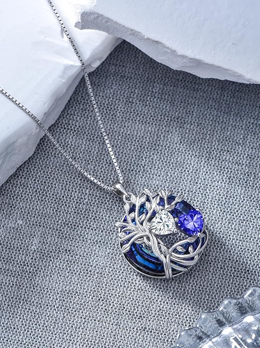 TOUPOP s925 Sterling Silver Family Celtic Tree of Life Pendant Necklaces with 2 Heart Birthstone with Blue Austrian Crystal Jewelry Birthday Anniversary Christmas Gifts for Her Wife Girlfriend Mom (18K Real White Gold Filled)