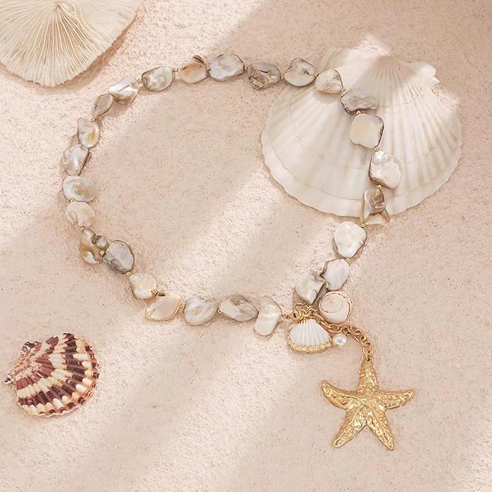 Gold Starfish Necklace for Women Beach Jewelry Accessories Sea Shell Beach Necklace Layered Starfish Pendant Beachy Ocean Necklaces Boho Cowrie Seashell Summer Necklaces Jewelry Gifts Trendy Stuff