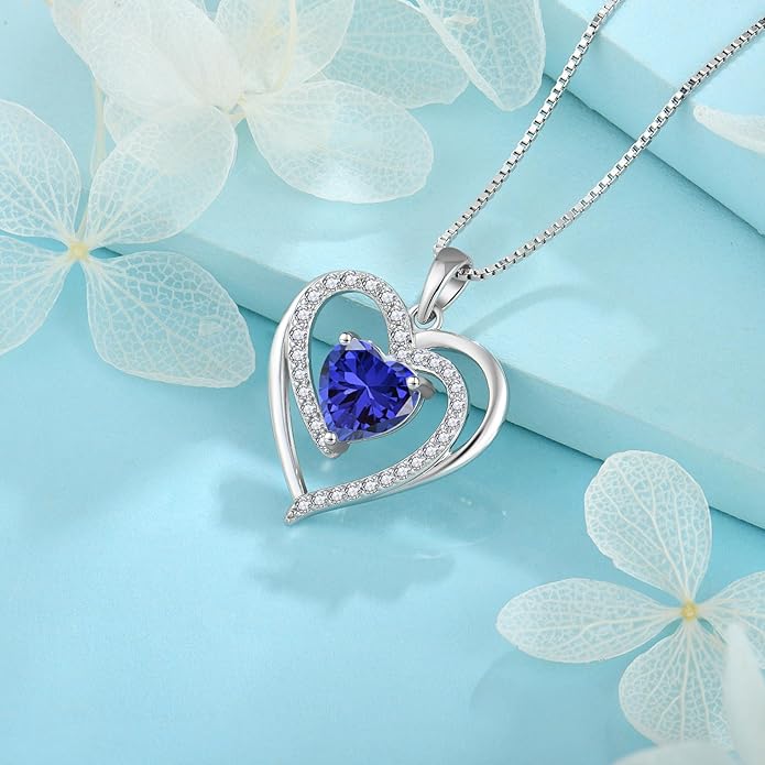FJ Love Heart Necklace for Women 925 Sterling Silver Birthstone Pendant Anniversary Birthday Jewelry