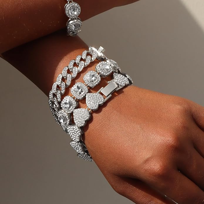 shopbyskyler 4PCS Gold Bracelets for Women Silver Clustered Tennis Bracelet for Women Heart Round Diamond Cuban Bracelet Layered Link Bracelet Set Fashion Jewelry for Women Set