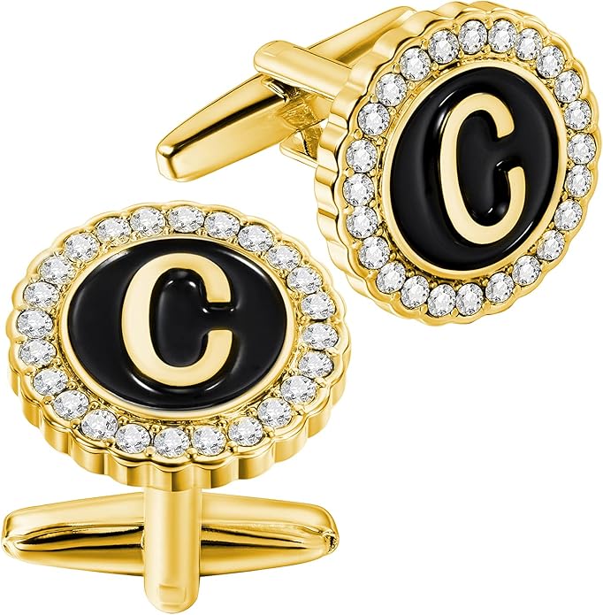 HAWSON A-Z Initial Cufflinks for Men and Women with Clear Crystal, Gold Silver Color Rasied Letter A-Z Cuff Links for French Shirt, Gift for Normal and Business Wearing