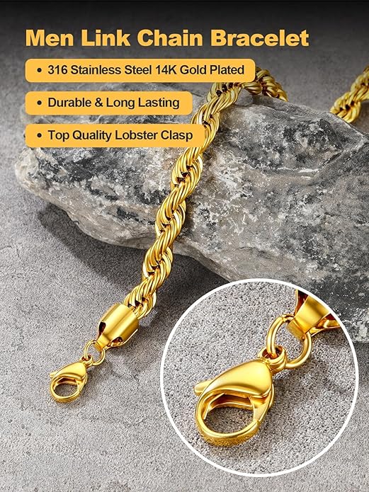 U7 Link Bracelets for Men, Cuban Link/Rope/Watch Band Solid Bracelet, Silver Black Gold Color Wrist Bracelet 3/6/9/12/15mm Width, 6.5/7.5/8.3 Inch Length, Hand Chain Jewelry for Mens Women