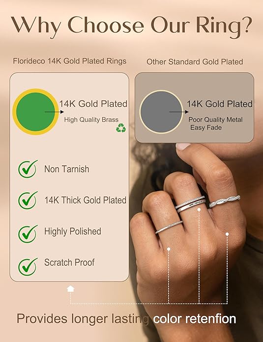 Florideco 14K Gold Plated Stackable Rings for Women Non Tarnish Dainty Cubic Zirconia Ring Set Minimalist Wedding Bands Ring Stack Statement Engagement Promise Thumb Rings Size 5-10