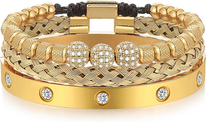 WFYOU 3PCS Stainless Steel Bracelets for Men Gold Roman Numeral Bangle Bracelet Twisted Cable Bracelet Adjustable Cuff Bracelet Mens Luxury Jewelry Bracelets Gifts