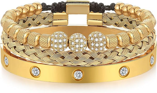 WFYOU 3PCS Stainless Steel Bracelets for Men Gold Roman Numeral Bangle Bracelet Twisted Cable Bracelet Adjustable Cuff Bracelet Mens Luxury Jewelry Bracelets Gifts